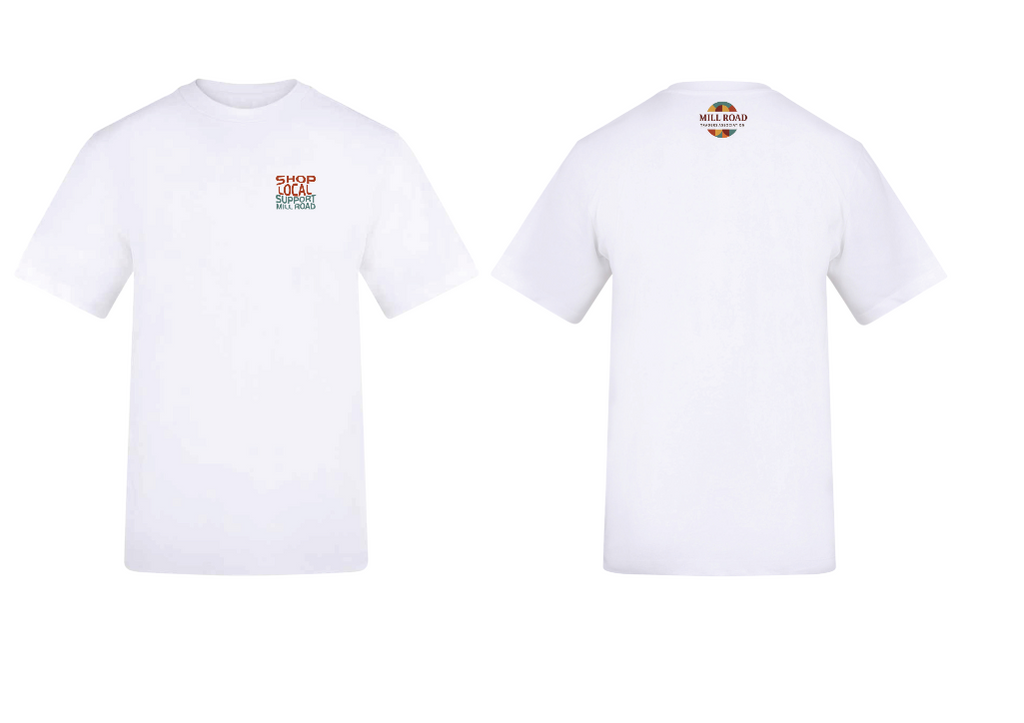 White short-sleeve crewneck t-shirt shown from both front and back views. The front features a small colorful graphic on the left chest, and the back has a circular graphic near the upper right shoulder.