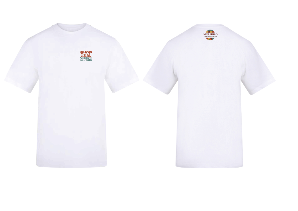 White short-sleeve crewneck t-shirt shown from both front and back views. The front features a small colorful graphic on the left chest, and the back has a circular graphic near the upper right shoulder.