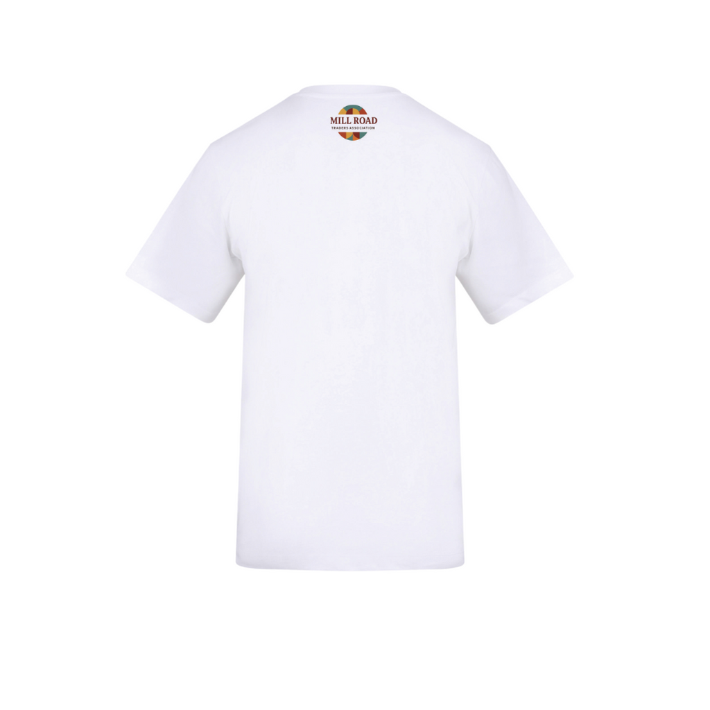 A white short-sleeve crewneck t-shirt shown from the back, featuring a small circular multicolor logo printed at the center of the upper back.