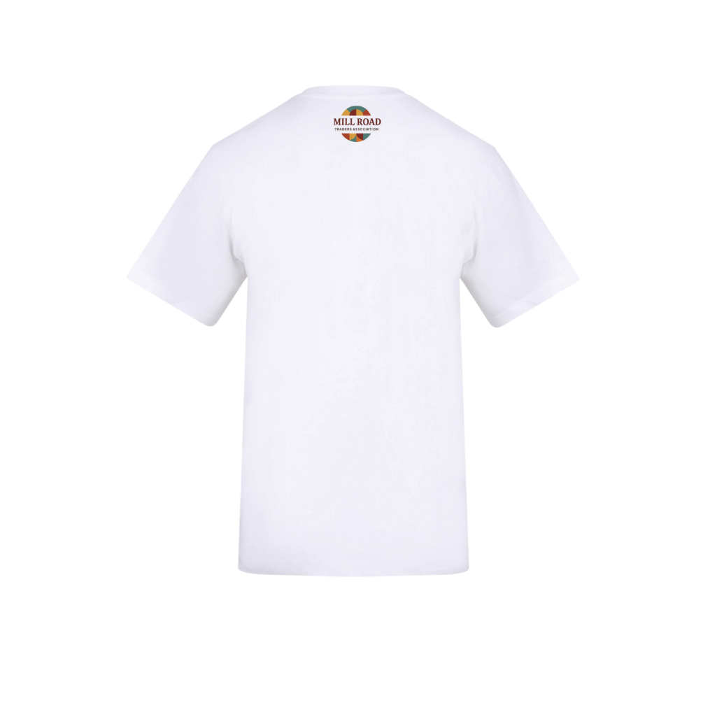 A white short-sleeve crewneck t-shirt shown from the back, featuring a small circular multicolor logo printed at the center of the upper back.