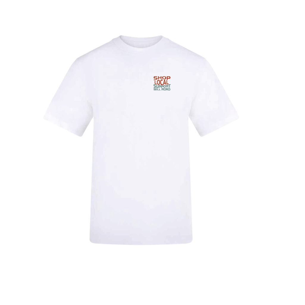 A white short-sleeve crewneck t-shirt with a small multicolor graphic on the left chest, displayed against a solid white background.