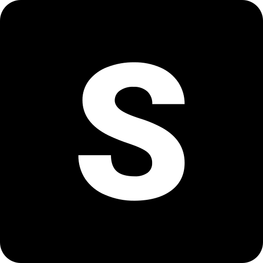 White letter 'S' on a black square background